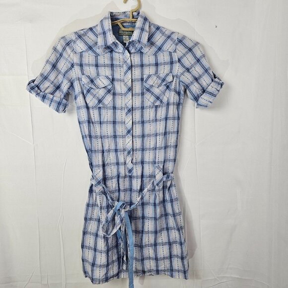 Horny Toad Dresses & Skirts - Horny Toad Shirt Dress Womens Small Blue Plaid Button Up Outdoor Belted Tie Knee